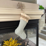 Burlap Stocking with Green Ticking - Farmhouse Christmas Stocking - Style D