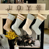 Burlap Stocking with Green Ticking - Farmhouse Christmas Stocking - Style D