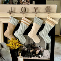 Burlap Stocking with Green Ticking - Farmhouse Christmas Stocking - Style B