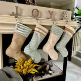 Burlap Stocking with Green Ticking - Farmhouse Christmas Stocking - Style C