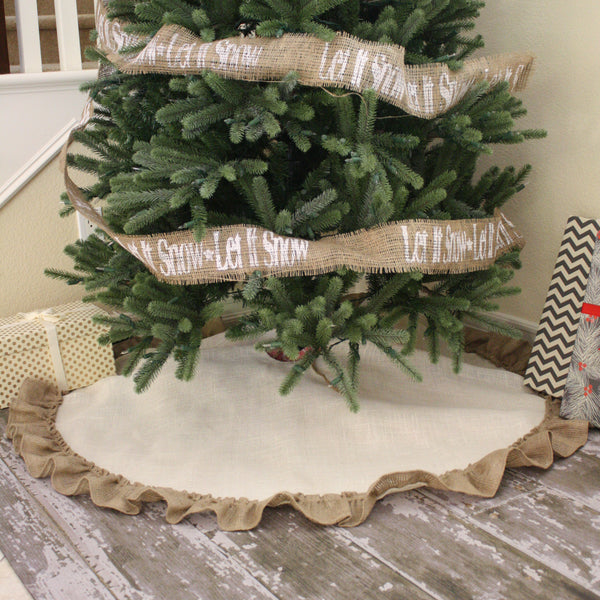 36" Ivory Burlap Tree Skirt with Natural Burlap Hemmed Ruffle