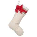 Quilted Stocking with Red Ribbon Stripe and Red Burlap Bow - Style D