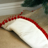 36" Inch Burlap Christmas Tree Skirt with Pom Pom Fringe