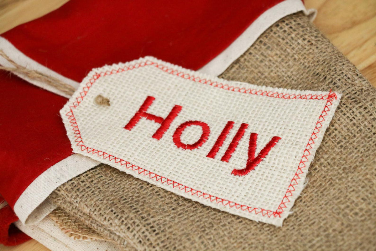 Ivory Burlap Embroidered Stocking Tag – BurlapBabe