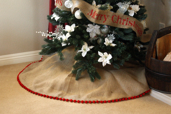 48" Inch Burlap Christmas Tree Skirt with Pom Pom Fringe