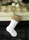 White Minky and Burlap Christmas Stocking Set