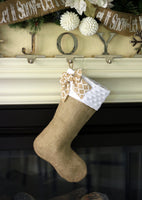 White Minky and Burlap Christmas Stocking Set